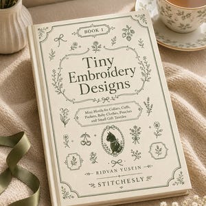May include: A hardback book titled Tiny Embroidery Designs, Book 1 by Ridvan Yusein and Stitchesly. The cream-coloured cover features dark green line art illustrations of flowers, cherries, and a cat, with text describing mini motifs for textiles.