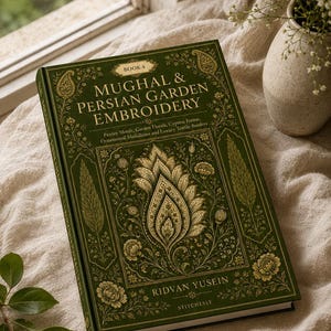 Peut inclure: Un livre relié intitulé Mughal & Persian Garden Embroidery Book 4 par Ridvan Yusein. La couverture vert foncé présente des illustrations complexes en feuille d'or de motifs cachemire, de fleurs de jardin, de cyprès et de médaillons.