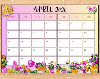 APRIL 2026 - SPRING CALENDAR! Beautiful April calendar! Home, work, studies, classroom tasks. Daily planner with date. Instant download!