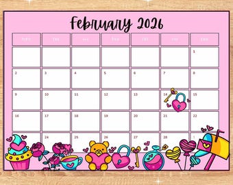 FEBRUARY 2026 HAPPY VALENTINES Month! Beautiful calendar! Home, work, studies, classroom tasks. Daily planner with date. Instant download!