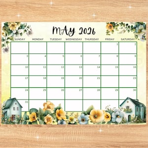Puede incluir: Un calendario de mayo de 2026 con un diseño floral y de casas. La cuadrícula del calendario es verde, con los días de la semana en la parte superior. Flores decorativas y pequeñas casas en la parte superior e inferior.
