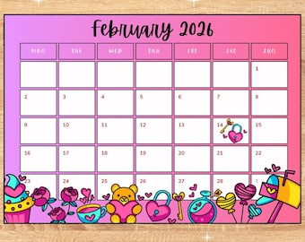 FEBRUARY 2026 HAPPY VALENTINES Month! Beautiful calendar! Home, work, studies, classroom tasks. Daily planner with date. Instant download!