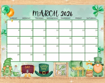 MARCH 2026 - STPATRICKS CALENDAR! Beautiful March calendar! Home, work, studies, tasks. Daily planner with date. Instant download!
