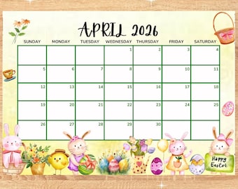 APRIL 2026 - HAPPY EASTERN Calendar! Home, work, studies, classroom tasks. Daily planner with date. Instant download!