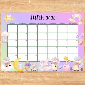 Puede incluir: Un colorido calendario de junio de 2026 con un fondo degradado púrpura y rosa. El calendario presenta un diseño de cuadrícula con fechas y días de la semana. Adorables ilustraciones de unicornios y estrellas decoran los bordes.