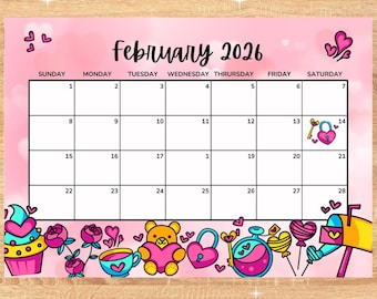 FEBRUARY 2026 HAPPY VALENTINES Month! Beautiful calendar! Home, work, studies, classroom tasks. Daily planner with date. Instant download!