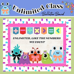 Puede incluir: Un diseño de tablón de anuncios colorido con el texto "Unlimited Class Bulletin Board". El diseño presenta monstruos de dibujos animados, símbolos matemáticos y la frase "Unlimited, like the numbers we count."