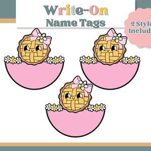 May include: Three semi-circular pink name tags featuring a cartoon pie with a lattice crust, a smiling face, and a pink bow with a white flower. The text "Write-On Name Tags" and "2 Styles Included" appear in the upper section of the image.