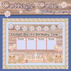 Op de afbeelding: Een Cottage Core verjaardagsdisplay met de tekst "Flutter By, It's Birthday Time!". De display heeft een houten achtergrond, bloemen- en vlinder illustraties en vier lege januari kalender secties.