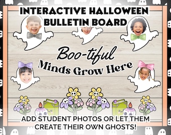 Puede incluir: Tablero de anuncios interactivo de Halloween con recortes en forma de fantasma que sostienen caras de niños. El texto dice "Boo-tiful Minds Grow Here". Incluye flores, velas y libros. El texto inferior dice "¡Añade fotos de estudiantes o deja que creen sus propios fantasmas!"