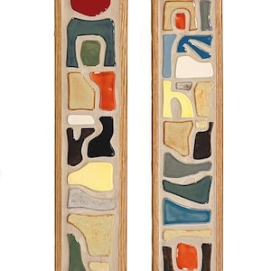 Handmade Ceramic Tile Wall Art: Colorful MCM Design, Oak Frame - Pair