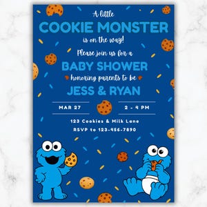 Uitnodiging babyshower koekjesmonster – bewerkbare canvassjabloon | Directe download, leuke thema-uitnodiging koekjesmonster voor jongens of meisjes