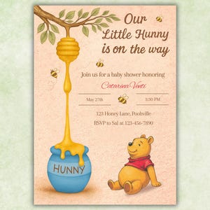 Editable Winnie the Pooh Baby Shower Invitation, Digital Invitation Our Little Hunny, Pooh Baby Shower Invite, Printable Template