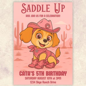 Editable Skye Birthday Invitation | Girl Paw Puppy Party Template | Pink Paw Digital Invite | Rodeo Cowgirl Printable Canva Template