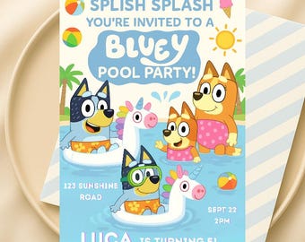 Editable Bluey Pool Party Birthday Invitation, Bluey Birthday Invitation, Summer Birthday Party Invitation, Pool Party Invite, Canva