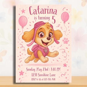 Editable Skye Birthday Invitation | Girl Paw Puppy Party Template | Pink Paw Digital Invite | Puppy Paw Patrol Printable Canva Template