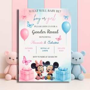 Bearbeitbare Mickey Gender Reveal Einladung • Rosa & Blau Babyparty Vorlage • Er oder Sie Party Canva Einladen • Sofortiger Download