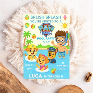 Bewerkbare Paw Patrol Pool Party verjaardagsuitnodiging, Paw Patrol verjaardagsuitnodiging, zomer verjaardagsuitnodiging, uitnodiging zwembadfeest