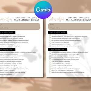 May include: A black and white checklist for both a buyer's and seller's agent during a real estate transaction. The checklist is divided into two sections: Day of Acceptance and Mid-Transaction. Each section includes a list of tasks to be completed, such as reviewing the contract, sending welcome emails, and ordering inspections.
