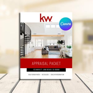 May include: A white document with the KW logo and the word "Canva" in a circle. The document has a red banner with the words "APPRAISAL PACKET" and an address. The background shows a modern interior with a spiral staircase.