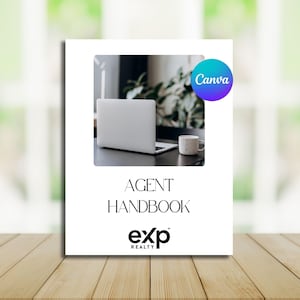 以下が含まれることがあります： 白い表紙に「AGENT HANDBOOK」というテキストと、黒色の「exp REALTY」ロゴが書かれています。表紙には、デスクの上に置かれたラップトップとコーヒーカップの写真が掲載されています。