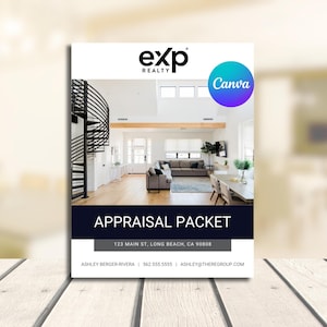 May include: A real estate appraisal packet with the "exp REALTY" logo at the top. The packet features a modern home interior image and the text "APPRAISAL PACKET". The Canva logo is in the upper right corner. Contact information is at the bottom.
