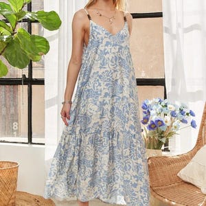 Blue Floral Maxi Dress, Beaded Shoulder, Boho Resortwear