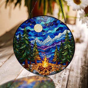 Handcrafted Stained Glass Forest Night Sky Sun Catcher Moonlit Mountains and Campfire Gift for Nature Lovers and Outdoor Enthusiasts