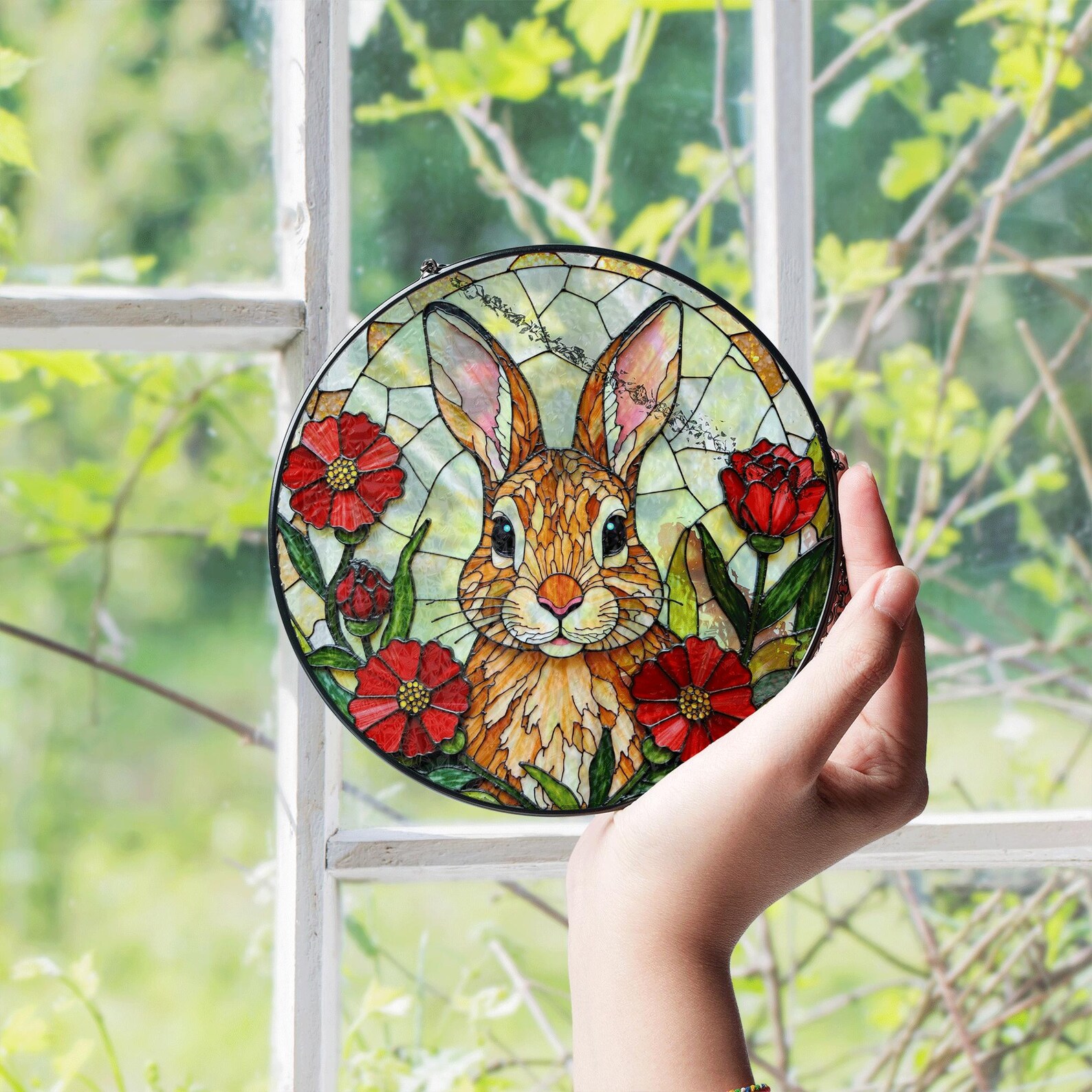 Stained Glass Rabbit Suncatcher With Red Flowers Handmade Gift for ...