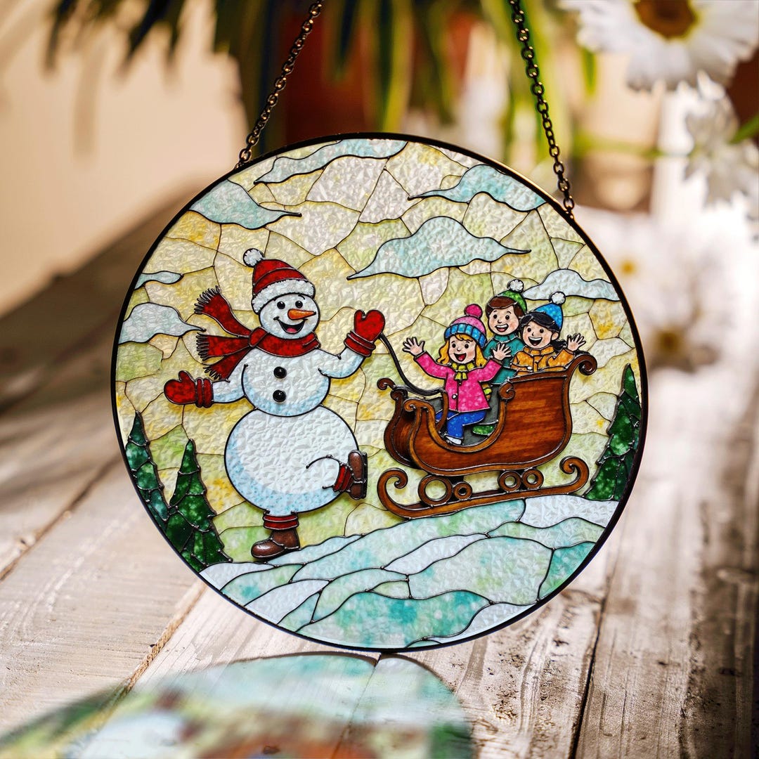 Snowman Sleigh Ride Stained Glass Suncatcher Christmas Window Decor ...