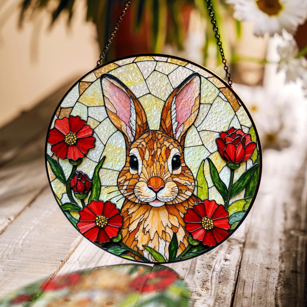 Stained Glass Rabbit Suncatcher With Red Flowers Handmade Gift for ...