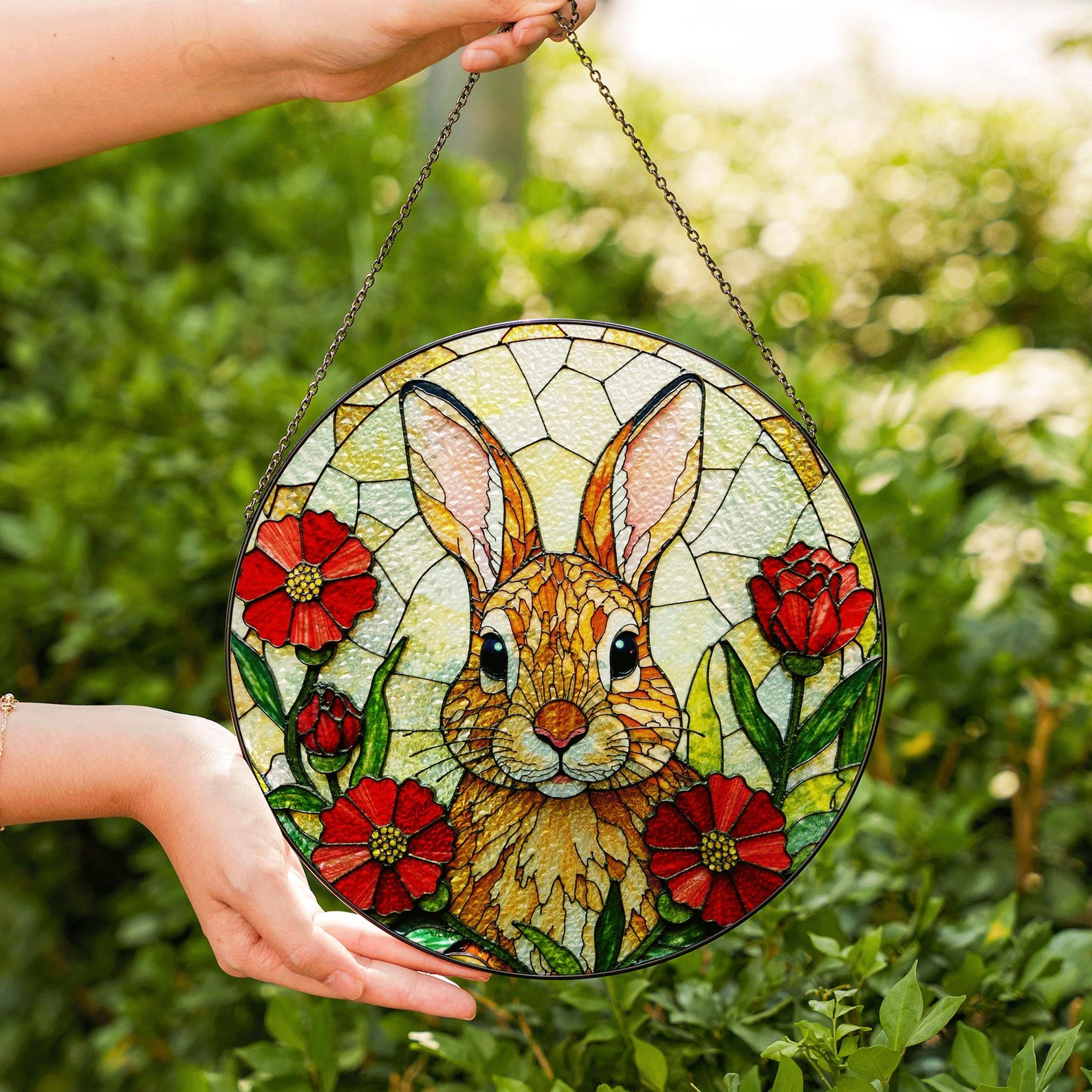 Stained Glass Rabbit Suncatcher With Red Flowers Handmade Gift for ...