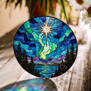 Northern lights lake view suncatcher stained glass style window decor gift for nature lovers Christmas