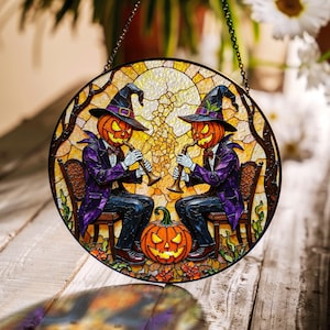 suncatcher Halloween pumpkin couple stained glass Halloween gift