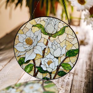 Weißer Magnolien-Blumen-Suncatcher-Buntglas-Fenster-Dekor-Geschenk für Mamma oder Natur-Liebhaber