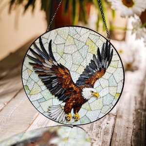 Bald Eagle Stained Glass Round Suncatcher Wildlife Window Decor Gift for Dad or Nature Lover
