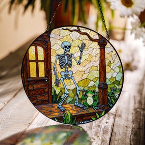 stained glass suncatcher skeleton porch with frogs halloween window decor spooky gift idea