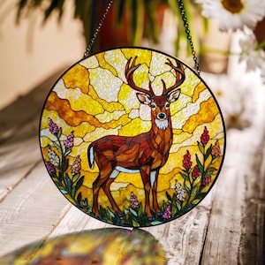 Majestic Deer Forest Scene Stained Glass Suncatcher Window Hanging Nature Art Gift for Dad or Hunter