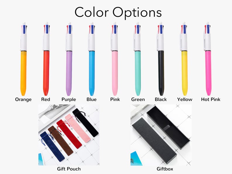 May include: A selection of multi-color pens in various colors, including orange, red, purple, blue, pink, green, black, yellow, and hot pink. The image also shows gift pouch and gift box options.