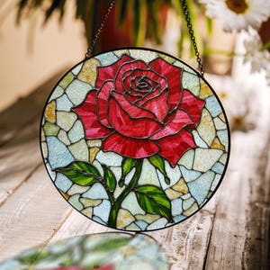 red rose flower round stained glass suncatcher window hanging gift for mom