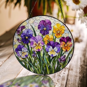 Purple Yellow Pansy Flower Suncatcher Stained Glass Window Hanging Gift for Mothers Day or Spring Birthday