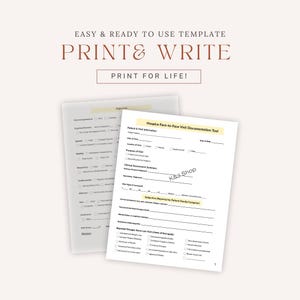 May include: Two white paper templates with text, including "Hospice Face-to-Face Visit Documentation Tool" and "Print & Write." The templates have sections for patient information, clinical assessment, and notes. The background is a light beige.