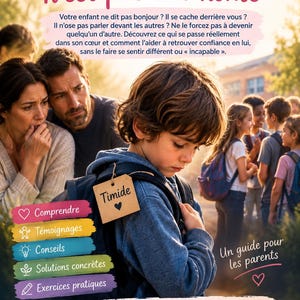May include: A book cover titled TIMIDE n'est pas une honte featuring a child with a backpack and a tag labeled Timide. The cover includes text about parenting, sections for advice, and the author name Marie Laporte at the bottom.