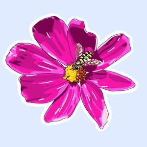 May include: A digital illustration of a vibrant pink flower with a yellow center and a bee. The bee has black and yellow stripes and is positioned on the flower's center. The flower has multiple petals and is set against a light blue background.