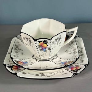 Shelley Art Deco China Tea Set Trio Queen Anne Peaches and Grapes Beautiful