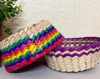Mexico Hand Woven Palm Basket: Mexican Boho Storage Basket (9" w, 3.5" h) - 2pc set