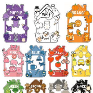 Peut inclure: Ensemble d'autocollants en forme de maison de différentes couleurs, chacun avec des illustrations thématiques. Les couleurs incluent le violet, le blanc, l'orange, le rose, le bleu, le rouge, le jaune, le vert, le marron, le gris et le noir.