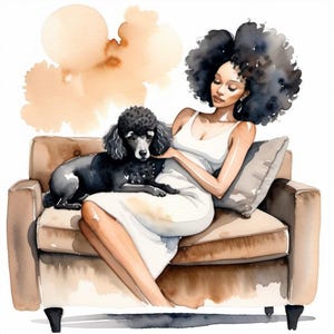 May include: Watercolor illustration of a woman and a black poodle dog sitting on a brown sofa. The woman wears a white dress and has dark curly hair. A gray pillow is behind her. Soft brown watercolor washes are in the background.