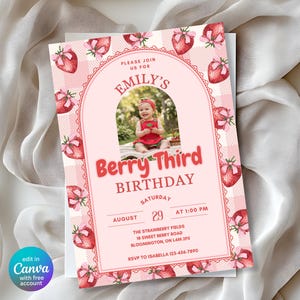 Berry Third Birthday Invitation, Strawberry Photo Invite, Digital Template