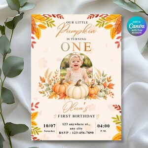 Little Pumpkin First Birthday Invitation, Pumpkin Patch Photo Template, Fall Girl Birthday Canva Invite